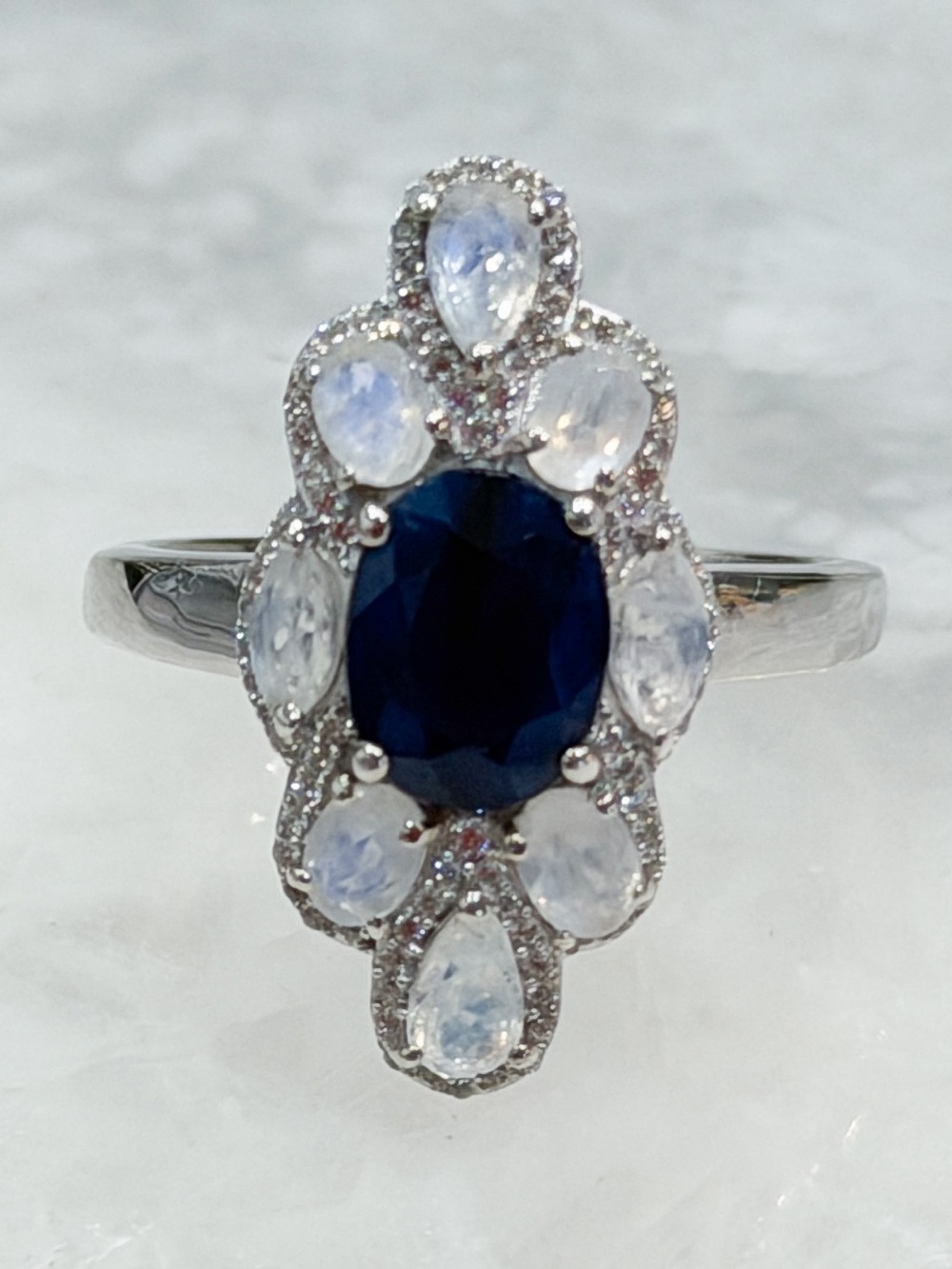 Kanchanaburri Blue Sapphire Moonstone  Zircon Sterling Silver Cluster Ring Sz 9